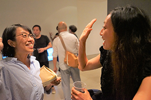 Artists Sara Wong and Amy Cheung at the opening of an exhibition of the work of Wong Wai Yin, Spring Workshop, Wong Chuk Hang Road, 20 August 2016