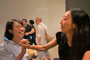 Artists Sara Wong and Amy Cheung at the opening of an exhibition of work by Wong Wai Yin, Spring Workshop, Wong Chuk Hang Road, 20 August 2016