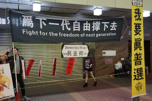 Lunar new year street scene with political banners, Sai Yeung Choi Street pedestrian zone, Mongkok, 28 January 2017