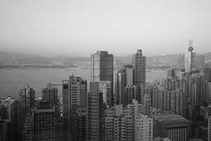 Buildings in Shek Tong Tsui, with Victoria Harbour and Kowloon in the distance, 16 February 2017