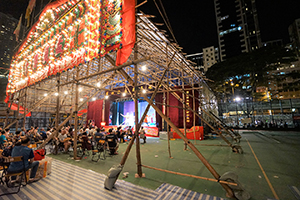 Temporary bamboo theatre for Chinese opera performance during the Hungry Ghost Festival, Moreton Terrace Playground, Causeway Bay, 12 September 2017