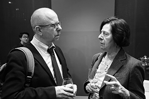 Hugh Chiverton (left) and Gillian Bickley (right), at a reception for the publication of a special issue about Hong Kong of the British periodical Wasafiri, British Council, Admiralty, 1 December 2017