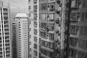 Scaffolding workers creating a bamboo platform at height, Sheung Wan, 4 January 2018