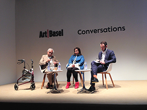 Rasheed Araeen and Hoor Al Qasimi, participating in Art Basel Conversations, Art Basel, Convention and Exhibition Centre, Wanchai, 29 March 2018