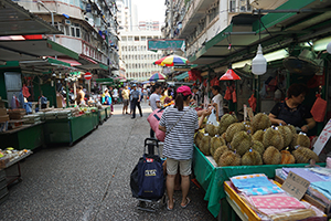 Durian on sale in a street market stall, Yau Ma Tei, 11 May 2019