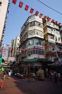 Hong Kong and Chinese national flags at the junction of Ning Po Street and Temple Street, Yau Ma Tei,  11 May 2019