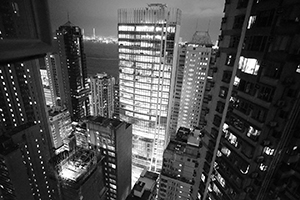 New building on Des Voeux Road West, Sheung Wan, evening, 1 May 2019