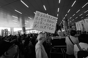 Protester with a banner, in the area outside the Legislative Council entrance, Admiralty, 4 May 2019