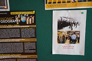 Poster in the lobby of the Run Run Shaw Tower, HKU, comparing the searching of young people in Admiralty to Nazi persecution of the Jews, Pokfulam, 12 June 2019