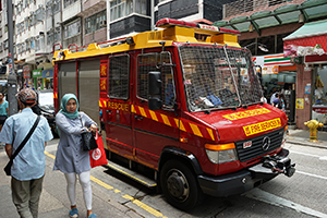 Fire truck with protective grilles on its windows, Sheung Wan, 16 June 2019