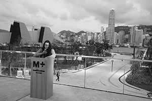 Suhanya Raffel speaking at the exhibition opening of 'Five Artists: Sites Encountered', M+ Pavilion, West Kowloon Cultural DIstrict, 6 June 2019