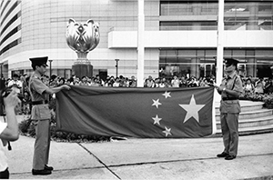 The national flag being lowered on Chinese National Day, Golden Bauhinia Square, 1 October 2000