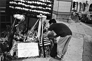 Floral tributes outside the entrance of the United States Consulate, Garden Road, 17 September 2001