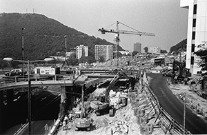 Roadworks at the top of Sassoon Road, from a bridge over Pokfulam Road, 24 October 2001