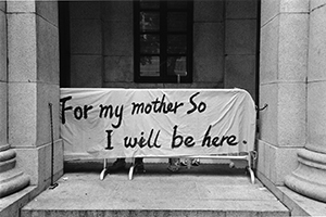 Banners regarding the right of abode issue on the Legislative Council Building, Central, 5 April 2002