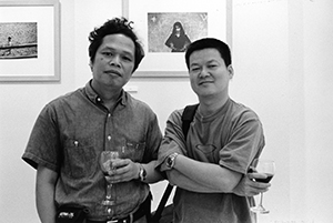 Photographers Frederick Fung (l) and Stephen Cheung (r) at the opening party of the Agnes B Librairie Galerie, Elgin Street, Central, 7 May 2002