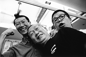 Photographers Joseph Fung, Leong Ka Tai and Stanley Wong, after dinner at the Lin Heung Tea House, Wellington Street, Central, 22 August 2003