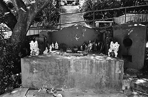 Maneki-neko ('beckoning cat') and various Chinese god statues, Cheung Chau, 25 September 2003