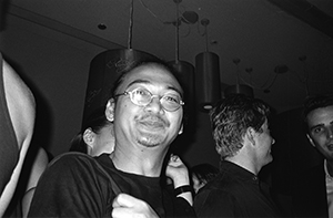 Indonesian artist Heri Dono, at the Dragon I night club, Wyndham Street, Hong Kong Island, 1 October 2003