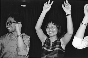 Gallerist Johnson Chang and curator Binghui Huangfu at Dragon I, Wyndham Street, Hong Kong Island, 1 October 2003
