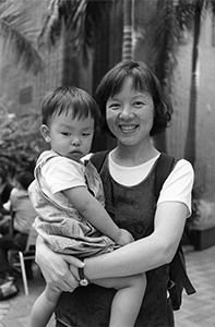 Art historian Flora Fu with her son, on the HKU campus, Pokfulam, 22 October 2003