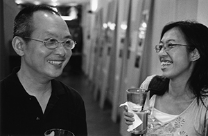 Lee Ka Sing and Sara Wong at the Dislocation relaunch party, Fringe Club, Central, 26 June 2004