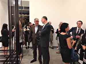 M+ director Lars Nittve talking with Antony Gormley at the opening of Antony Gormley's exhibition, White Cube, Connaught Road Central, 27 March 2014