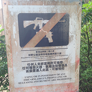 Sign prohibiting guns, Lung Fu Shan Country Park, Hong Kong Island, 20 April 2014