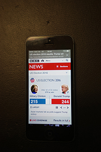 BBC News website on a mobile phone displaying progress in the counting of votes for the United States presidential election, 9 November 2016