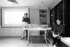Claire Hsu introducing poet Sarah Howe at the Asia Art Archive, Hollywood Centre, Sheung Wan,  9 November 2016
