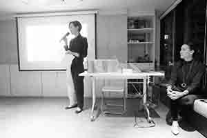 Claire Hsu introducing poet Sarah Howe at the Asia Art Archive, Hollywood Road,  9 November 2016