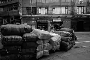 Goods stacked in the road, Sheung Wan, 30 November 2016
