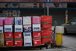 Stack of cardboard boxes at the roadside, Kowloon, 28 January 2017
