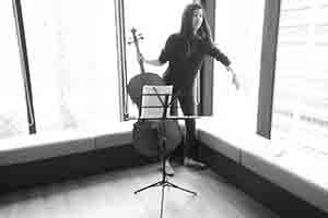 Michelle Wong with cello, Asia Art Archive, Sheung Wan, 13 March 2017