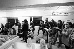 Guest at an exhibition opening, Para Site art space, King's Road, Quarry Bay, 17 March 2017