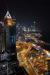 Night view from a roof terrace of the Excelsior Hotel, Causeway Bay, looking towards Central, Hong Kong Island, 27 March 2017