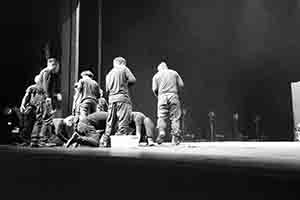 Workers preparing the stage in the Cultural Centre Grand Theatre for a performance by Tanztheater Wuppertal Pina Bausch of Rite of Spring, 8 March 2017