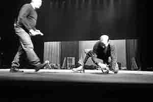 Workers preparing the stage in the Cultural Centre Grand Theatre for a performance by Tanztheater Wuppertal Pina Bausch of Rite of Spring, 8 March 2017