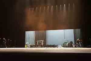 Workers preparing the stage in the Cultural Centre Grand Theatre for a performance by Tanztheater Wuppertal Pina Bausch of Rite of Spring, 8 March 2017