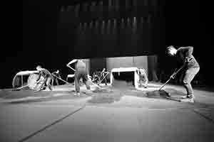 Workers preparing the stage in the Cultural Centre Grand Theatre for a performance by Tanztheater Wuppertal Pina Bausch of Rite of Spring, 8 March 2017