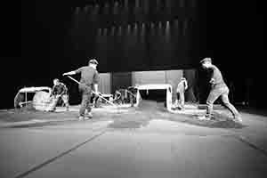 Workers preparing the stage in the Cultural Centre Grand Theatre for a performance by Tanztheater Wuppertal Pina Bausch of Rite of Spring, 8 March 2017