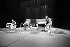 Workers preparing the stage in the Cultural Centre Grand Theatre for a performance by Tanztheater Wuppertal Pina Bausch of Rite of Spring, 8 March 2017