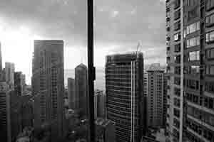 Buildings viewed through a window, Sheung Wan, 6 June 2017