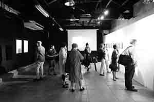 Guests at the opening of an exhibition, Videotage, Cattle Depot Artist Village, To Kwa Wan, 29 June 2017