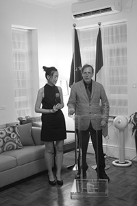 Gerard Henry speaking at his retirement party, held at the home of the French Consul General, The Peak, 27 June 2017