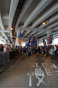 Colonial era Hong Kong flags on display during the annual pro-democracy march from Victoria Park, Canal Road West, Wanchai, 1 July 2017