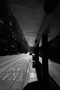 Light and shadow at a tram stop, Des Voeux Road West, Sheung Wan, 20 August 2017