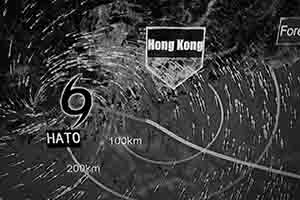 Television weather report displaying tropical cyclone warning number 10 as Typhoon Hato approaches Hong Kong, Sheung Wan, 23 August 2017