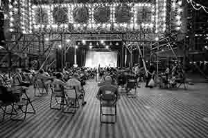 Temporary bamboo theatre for Chinese opera performance during the Hungry Ghost Festival, Moreton Terrace Playground, Causeway Bay, 12 September 2017