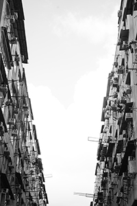View up between buildings, To Kwa Wan, Kowloon, 25 September 2017